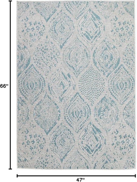 FH Home Flat Woven Outdoor Rug - Waterproof, Easy to Clean, Stain Resistant - Premium Polypropylene Yarn - Distressed Farmhouse - Patio, Deck, Porch, Balcony - Granada - Aqua - 3ft 11in x 5ft 6in
