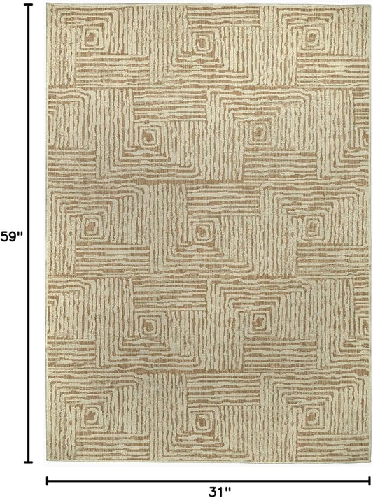 FH Home Flat Woven Outdoor Rug - Waterproof, Easy to Clean, Stain Resistant - Premium Polypropylene Yarn - Modern Geometric - Patio, Deck, Porch, Balcony - Budapest - Beige - 2ft 7in x 4ft 11in