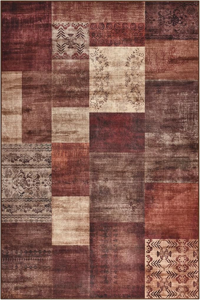 Tepook Modern Area Rug for Living Room, 8x10 Geometric Large Rugs for Bedroom, Washable Patchwork Rug Indoor Non-Slip Throw Carpets for Dining Room Office Farmhouse Home Decor, Red