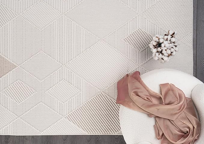CAMILSON Micro Loop Rug 5x7 Modern Luxury Geometric Diamond Trellis Area Rugs Soft High and Low Pile Stain Resistant Easy-Cleaning Non-Shedding for Living Room Office Indoor Carpet (5 x 7 White-Beige)