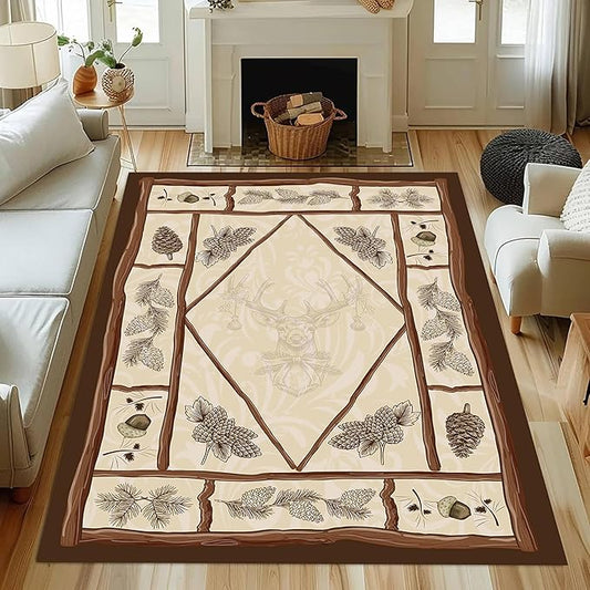 Country Cottage Deer Area Rugs 5x7ft Animal Plant Pine Cone Leaves Branches Patchwork Pattern Featured Indoor Floor Rugs, Vintage Style Non-Slip Non-Shedding Rugs for Farmhouse Office Living Room
