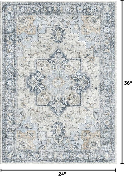 GENIMO Area Rug 2x3 Doormat, Machine Washable Low Pile Vintage Rugs, Small Lightweight Rug Entryway Indoor Mat for Entrance, Hallway, Kitchen and Corridor, Blue