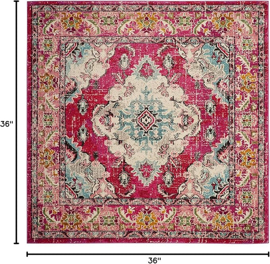 SAFAVIEH Monaco Collection Area Rug - 3' Square, Pink & Multi, Boho Chic Medallion Distressed Design, Non-Shedding & Easy Care, Ideal for High Traffic Areas in Living Room, Bedroom (MNC243D)