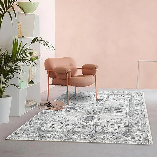 Fame Living Faded Oushak Rug, Turkish Vintage Floral Pastel Large Oversized Area Rugs for Living Room Dining Bedroom Kitchen Bathroom Nursery (848CrNv, 2' x 3')