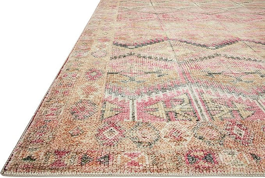Loloi Layla Collection LAY-17 Pink/Lagoon 2'-0" x 5'-0" .13" Thick Accent Rug, Soft, Durable, Vintage Inspired, Distressed, Low Pile, Non-Shedding, Easy Clean, Printed, Living Room Rug
