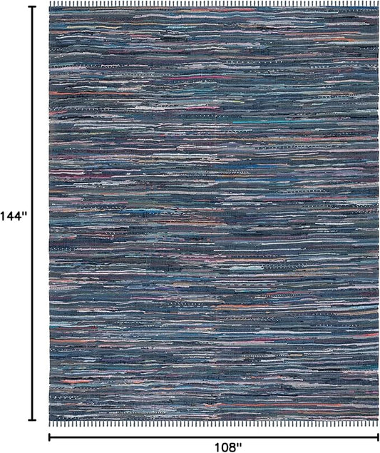 SAFAVIEH Rag Rug Collection Area Rug - 9' x 12', Ink & Multi, Handmade Boho Stripe Cotton, Ideal for High Traffic Areas in Living Room, Bedroom (RAR121C)