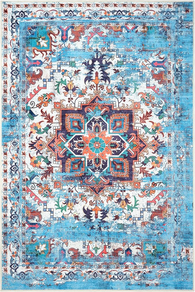 GLN Rugs Traditional Collection - Machine Washable Area Rug, Traditional Washable, Non Slip, Low Pile Chenille Rug, Living Room, Bedroom, Kitchen Rug (9' x 12' Blue/Multicolor)