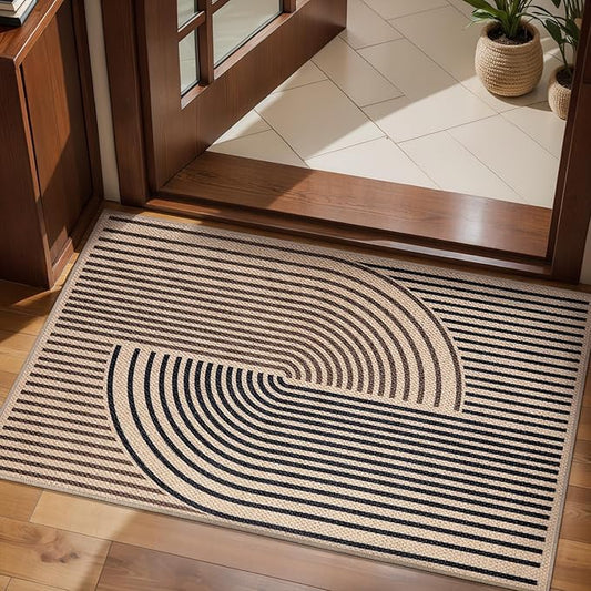 Tangsoo Rainbow Easy Jute Rug 2x4 Small Throw Rugs for Entryway,Washable Ultra Thin Outdoor Door Mat, Black Brown Non-Slip Indoor Floor Carpet for Entrance Kitchen Hallway Bedroom Front Porch