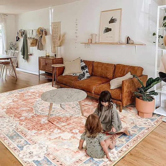 MUJOO 6'x9' Area Rugs for Living Room Washable Rugs Large Boho Carpet for Bedroom Dining Room Neutral Vintage Farmhouse Abstract Non Slip Soft Low-Pile Floral Flowers Orange