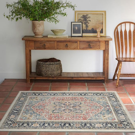 RUGGABLE Washable Vintage Area Rug – Kamran Cayenne Red 3x5, Stain-Resistant, Non-Slip – Small Machine Washable Rugs for Living Room, Bedroom, Hallway, Entryway & Office–with Standard Pad