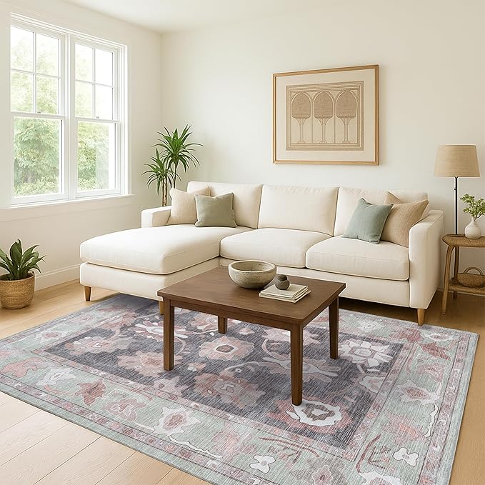 Fame Living Green Oushak Runner Rug, Modern Runners, Turkish, Eclectic, Floral, Pastel, Washable, Small Throw Rugs, Short Runner for Hallway, Laundry, Foyer, Bedroom, Kitchen, Bathroom, 2'5"x6'5"
