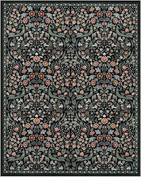 Lahome Floral 8x10 Black Rugs for Living Room, Soft Washable Large Area Rug for Bedroom Dining Room, Botanical Lightweight Stain-Resistant Boho Carpet for Guestroom Indoor