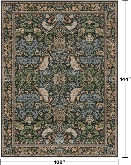 Vintage 9x12 Dining Room Rugs for Under Table - Dark Botanical & Bird Patterned Rugs for Living Room, Bedroom Under Bed, Traditional Cottage Brown and Green Décor, Washable Non Slip Folable Carpet
