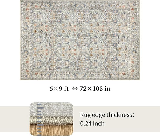 Washable Living Room Rug: 6x9 Boho Floral Soft Area Rug for Bedroom Decor - Vintage Low Pile Thin Carpet for Dining Room Non-Slip - Farmhouse Stain Resistant Rugs - Beige Blue