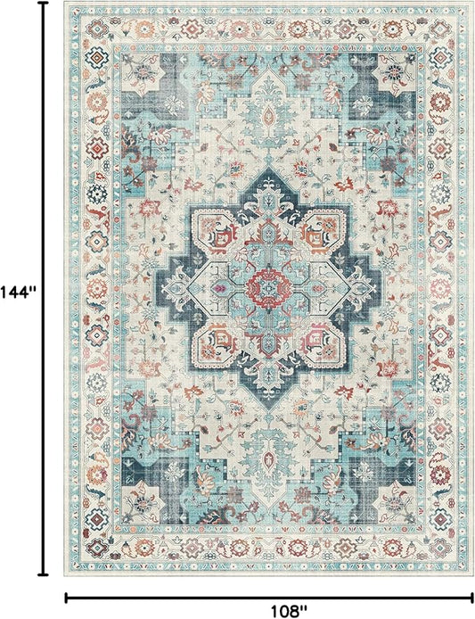 GENIMO 9x12 Area Rugs for Living Room, Machine Washable Non Slip Vintage Rugs, Low Pile Lightweight Chenille Print Rug for Bedroom, Dining Room, Home Office, Turquoise