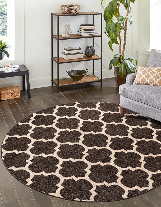 Rugs.com Lattice Collection Rug – 3 Ft Round Chocolate Brown Medium-Pile Rug Perfect for Kitchens, Dining Rooms