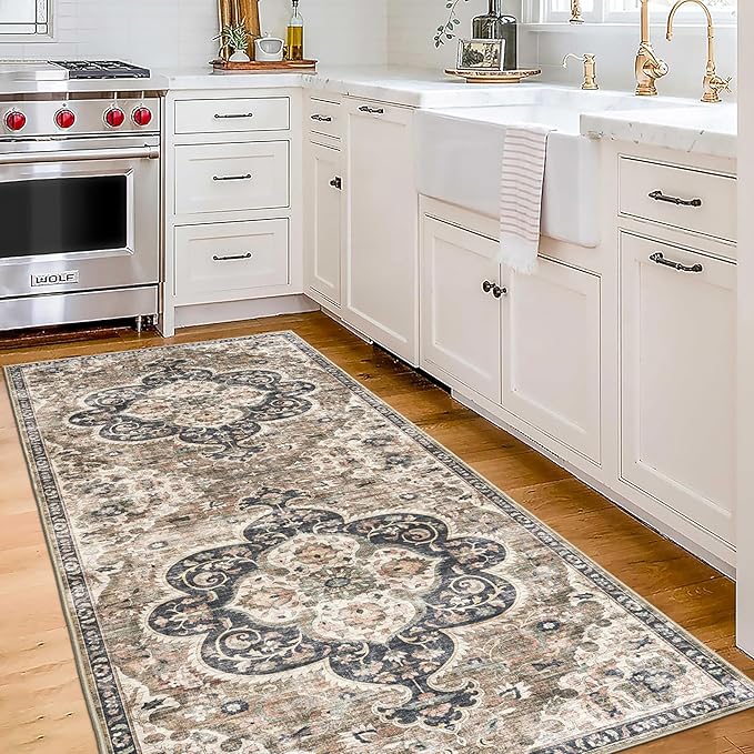 ReaLife Rugs Machine Washable Area Rug Runner - Living Room Bedroom Bathroom Kitchen Entryway Office - Padded Low Pile Stain Resistant Premium - Boho Farmhouse Vintage - Joy - Brown Beige 2'6" x 10'