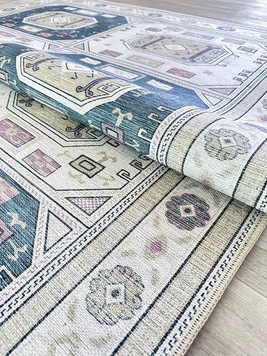 Fame Living Faded Oushak Rug, Turkish Vintage Floral Pastel Large Oversized Area Rugs for Living Room Dining Bedroom Kitchen Bathroom Nursery (848CrNv, 2'5" x 13')