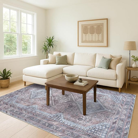 Washable Area Rug. Modern Farmhouse. Vintage. Turkish. Bohemian. Distressed. Oriental. Traditional. Rugs for Living Room. Dining. Bedroom. Office. Entryway. Foyer. (863BM, 7'5" x 9'8")