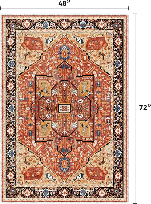 EnHomee 4x6 Washable Area Rugs for Bedroom, Boho Vintage Rugs, Foldable Area Rug for Dining Room, Non-Slip Soft Living Room Rug, Low Pile Large Carpet for Bathroom, Red