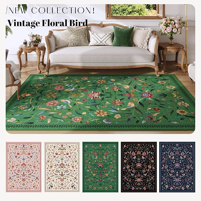 Vintage Medallion Floral Kitchen Runner 2x6, Machine Washable Rug, Soft Low Pile, Non-Slip Carpet for Hallways, Laundry, Bedroom, Bathroom, Entryway | Green