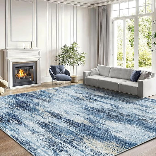 AMADA HOMEFURNISHING 9x12 Area Rugs for Living Room, Modern Large Area Rugs with Non-Slip Backing & Low Pile, Neutral Soft Washable Rug for Nursery, Bedroom, Dinning Room, Playroom, Blue