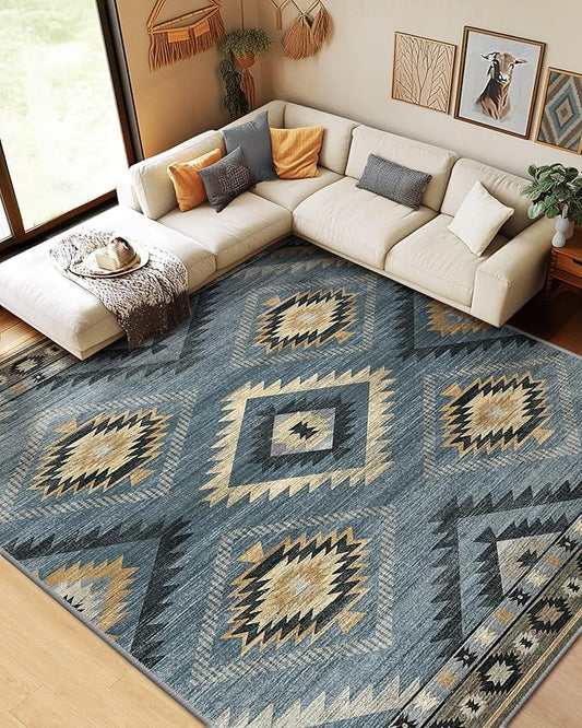 Area Rug 5x7 Rug Machine Washable Rug Non-Slip Low Pile Print Pattern Western Rug for Living Room Bedroom Entryway Tribal Series -Navy/Grey