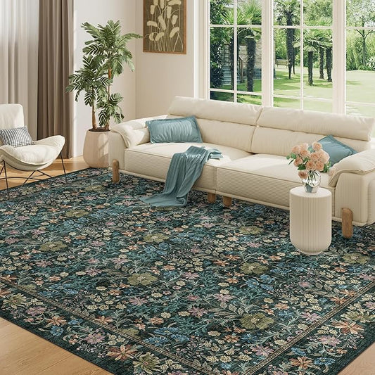 DUKINO 8x10 Area Rugs for Living Room, Vintage Floral Washable Rug with Non Slip Backing, Soft Low Pile & Non-Shedding Large Carpets for Bedroom, Farmhouse, Dining Room, Home Office, Blue