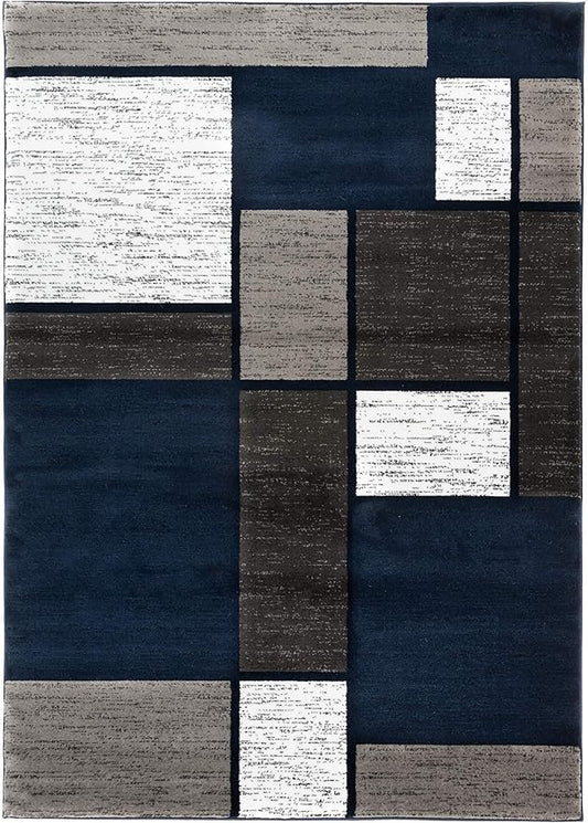Rugshop Modern Geometric Boxes Navy Area Rug, Fade-Resistant Carpet for Bedroom, Living Room, or Study, 6'6" x 9'