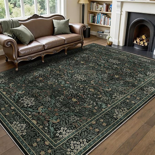 5x7 Floral Washable Area Rug for Living Room, Vintage Boho Large Rug for Bedroom Dining Room, Distressed Botanical Birds Non Slip Low Pile Forest Animal Throw Carpet for Farmhouse Office, Dark Green
