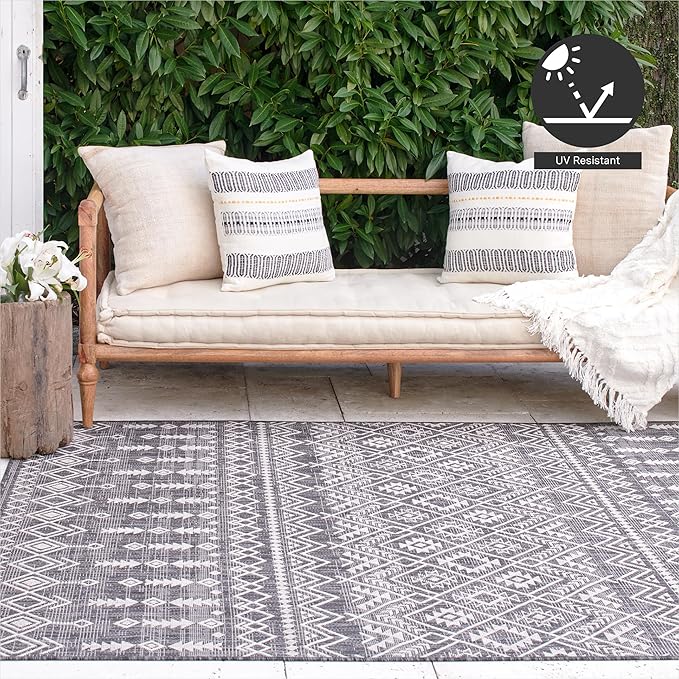 FH Home Flat Woven Outdoor Rug - Waterproof, Easy to Clean, Stain Resistant - Premium Polypropylene Yarn - Boho Moroccan - Patio, Porch, Deck, Balcony - Dakar - Charcoal - 5ft 2in x 7ft 6in