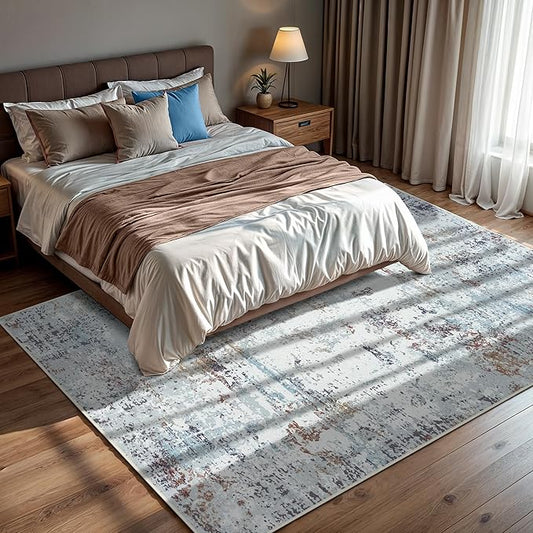 GLN Rugs Contemporary Collection - Machine Washable Area Rug, Contemporary Washable, Non Slip, Low Pile Chenille Rug, Living Room, Bedroom, Kitchen Rug (9' x 12' White/Grey/Blue/Brown)