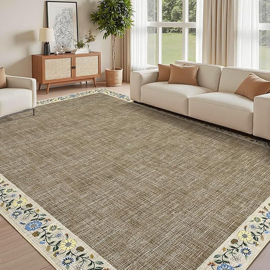 GarveeHome Washable Rugs for Living ROM 8 x 10 Large Area Rug Farmhouse Floral Bordered Bedroom Carpet Indoor Non-Slip Nursery Mat Soft Non Shedding Stain Resistant Carpet for Dining Room, Dark Camel