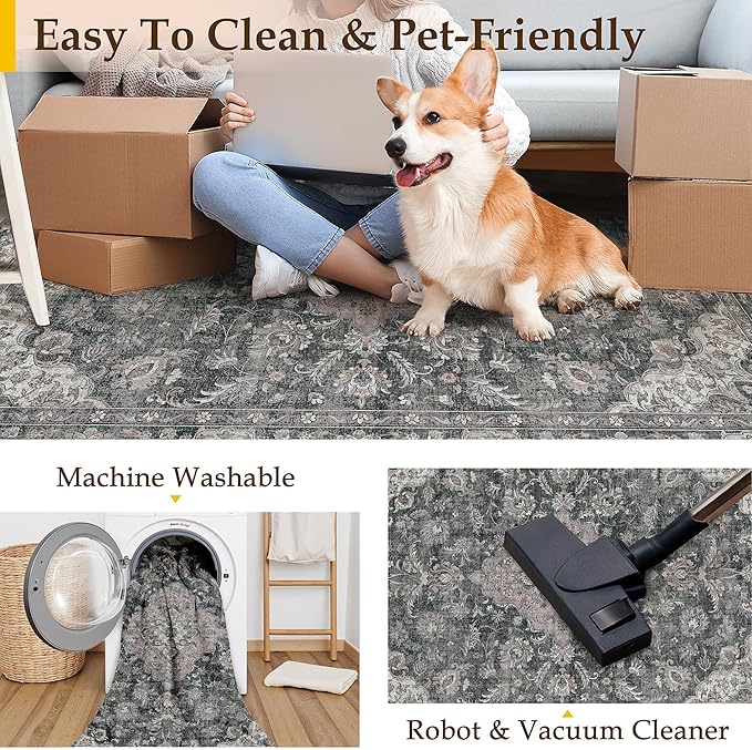 HUGEAR 2x3 Entryway Area Rug Retro Black Small Rug Machine Washable Door Mat Vintage Floral Low Pile Carpet Distressed Throw Rug Entrance Kitchen Bathroom Bedroom Office Non Slip Soft Lightweight