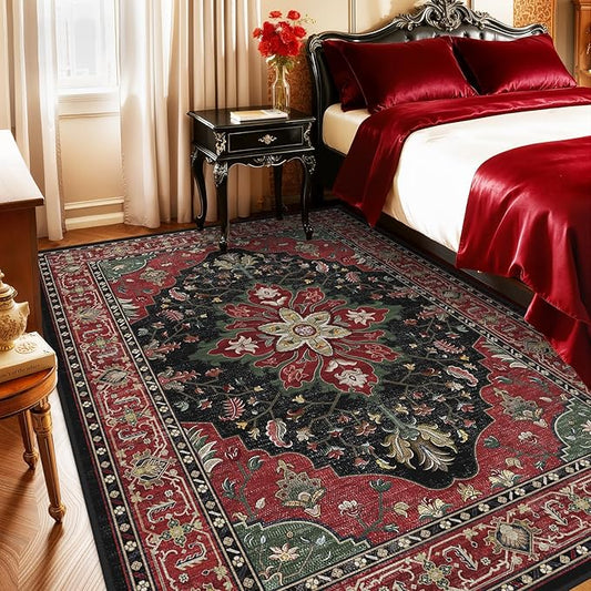 Area Rugs 9'x12' Washable Non-Slip, Floral Vintage Distress Print Pattern Medallion Carpet for Living Room Bedroom Dining Room, Red Black
