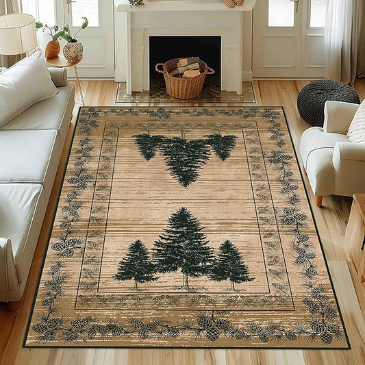 UNREASTO Country Cabin Area Rug 4x6ft Rustic Nature Forest Pine Cone Pine Tree Plant Vintage Home Decor Floor Rug Non-Slip Easy Clean Lodge Rug for Living Room Bedroom Entry Office Hardwood Floor