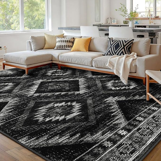 Area Rug 10x12 Rug Machine Washable Non-Slip Low Pile Print Pattern Western Rug for Living Room Bedroom Entryway Tribal Series-Black