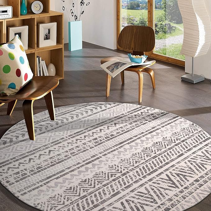 Rugshop Geometric Boho Area Rug for High Traffic Areas– Non-Shedding, Round Rug 6' 6" (6' 6" Diameter) Gray