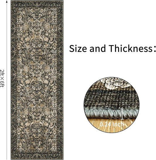 Washable Runner Rug 2x6: Vintage Boho Floral Carpet Runners for Hallway Entryway Non-Slip - Soft Botanical Low Pile Thin Mat for Kitchen Bathroom Bedroom Laundry Floor Decor - Dark Brown