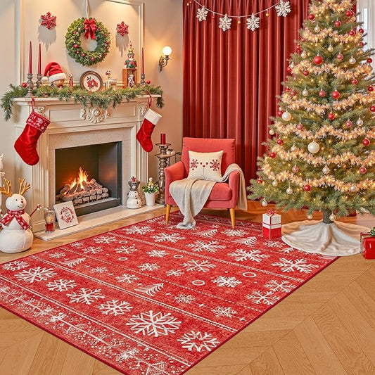 Area Rug 4x6 Christmas Rugs, Machine Washable Boho Christmas Tree Snowflake Rug Non-Slip Soft Low Pile Holiday Indoor Rugs for Bedroom Kitchen Dining Room Office(Xmas Red, 4'x6')