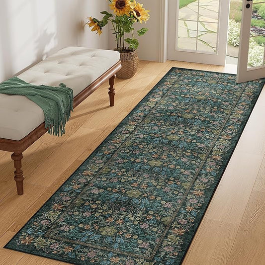 DUKINO 2.6x8 Runner Rug for Hallway, Washable Vintage Floral Kitchen Rug with Non Slip Backing, Soft Low Pile Throw Carpet Runner for Kitchen, Laundry, Hallway, Bathroom, Blue
