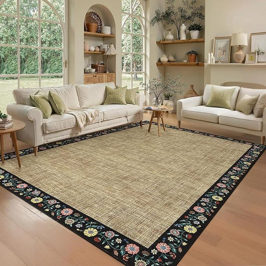 GarveeHome Washable Area Rugs for Bedroom 5x7 Living Room Modern Floral Throw Rugs Non-Slip Lightweight Thin Carpet Modern Farmhouse Print Non-Shedding Soft Low Pile Floor Cover, Yellow