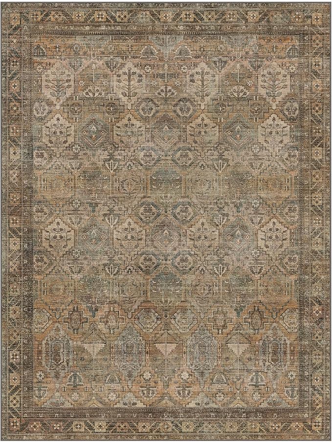 Bavni Washable Rug 9x12 Area Rug for Living Room Bedroom Dining, Washable Vintage Print Carpet, Ultra-Thin Chenille Low Pile Lightweight Rug with Non Slip Backing, Warm Taupe