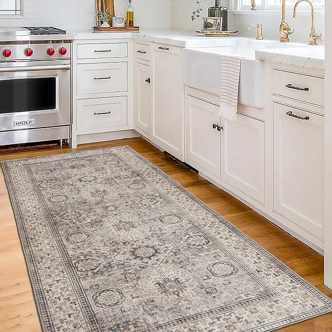 ReaLife Rugs Machine Washable Area Rug - Living Room Bedroom Bathroom Kitchen Entryway Office - Padded Low Pile Stain Resistant Premium - Boho Farmhouse Vintage - Paz - Beige Gray Ivory 2'6" x 8'