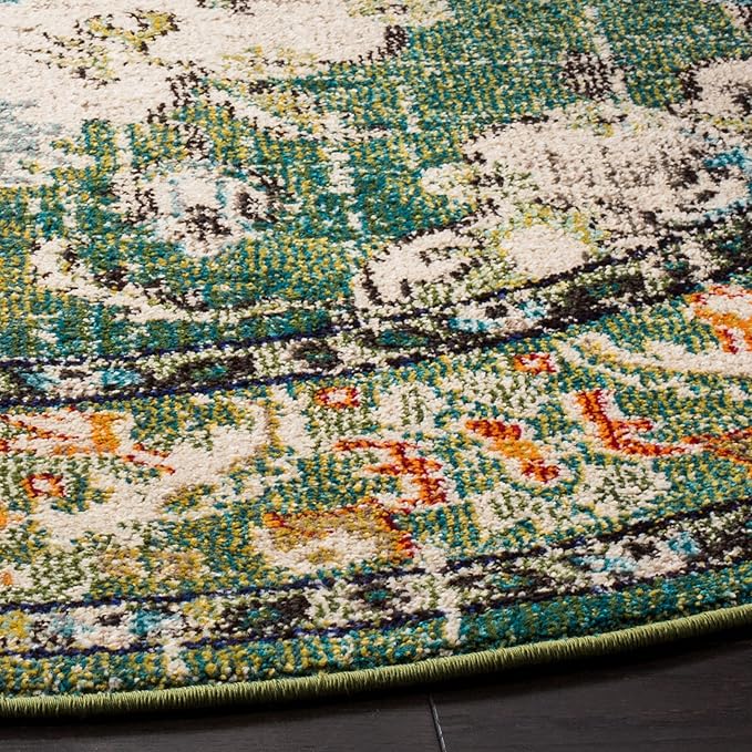 SAFAVIEH Monaco Collection Area Rug - 12' Round, Forest Green & Light Blue, Medallion Distressed Design, Non-Shedding & Easy Care, Ideal for High Traffic Areas in Living Room, Bedroom (MNC243F)