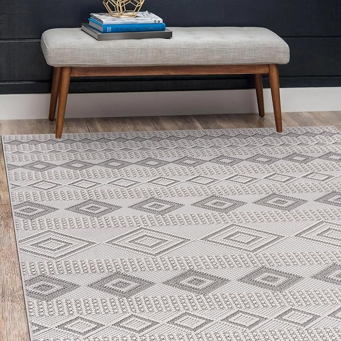 CAMILSON Micro Loop Rug 5x7 Modern Luxury Geometric Moroccan Diamond Area Rugs Soft High and Low Pile Stain Resistant Easy-Cleaning Non-Shedding for Living Room Office Indoor Carpet (5 x 7 White-Gray)