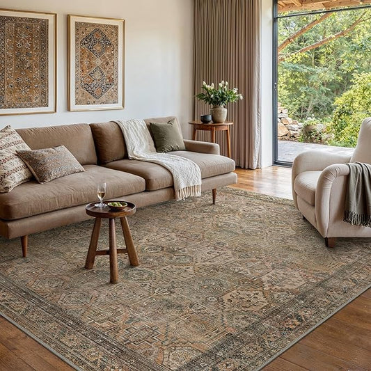 Bavni Washable Rug 6x9 Area Rug for Living Room Bedroom Dining, Washable Vintage Print Carpet, Ultra-Thin Chenille Low Pile Lightweight Rug with Non Slip Backing, Warm Taupe