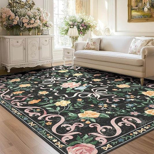 Black Rug Bow Floral Rug for Girls, 5x7 Washable Area Rugs for Bedroom Living Room, Kitchen,Dining Room,Kids Room,Playroom, Cute Ultra-Thin Non Slip Low Pile Indoor Carpet