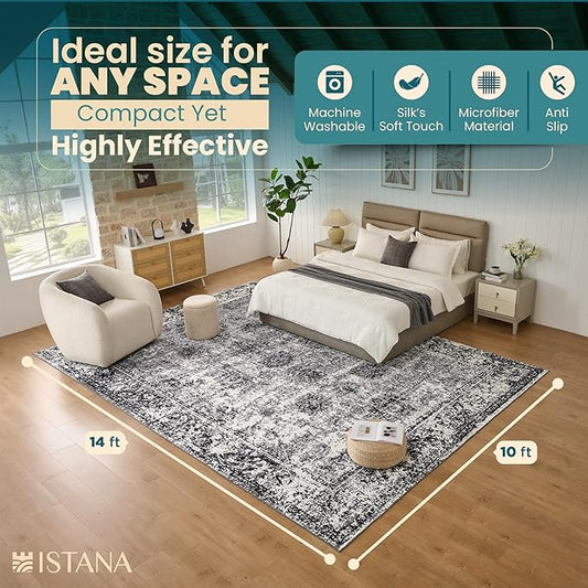 Istana Stylish 10x14 Foldable Machine Washable Dark Grey Area Rugs