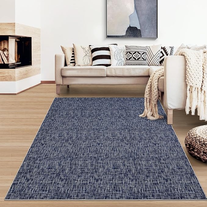 RUGSREAL 8x10 Washable Rug for Living Room Non-Slip Modern Abstract Area Rug Stain Resistant Large Bedroom Rug Contemporary Accent Throw Floor Carpet Solid Rug for Dining Room Home Decor, Blue